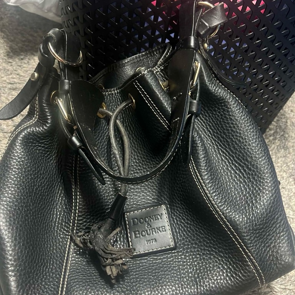 Dooney & Bourke Black Pebbled Leather Drawstring Tote with Tassel
